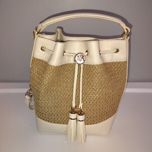 Anne Klein Cream and Tan Straw-Accent Hobo Bag with Tassel Drawstring